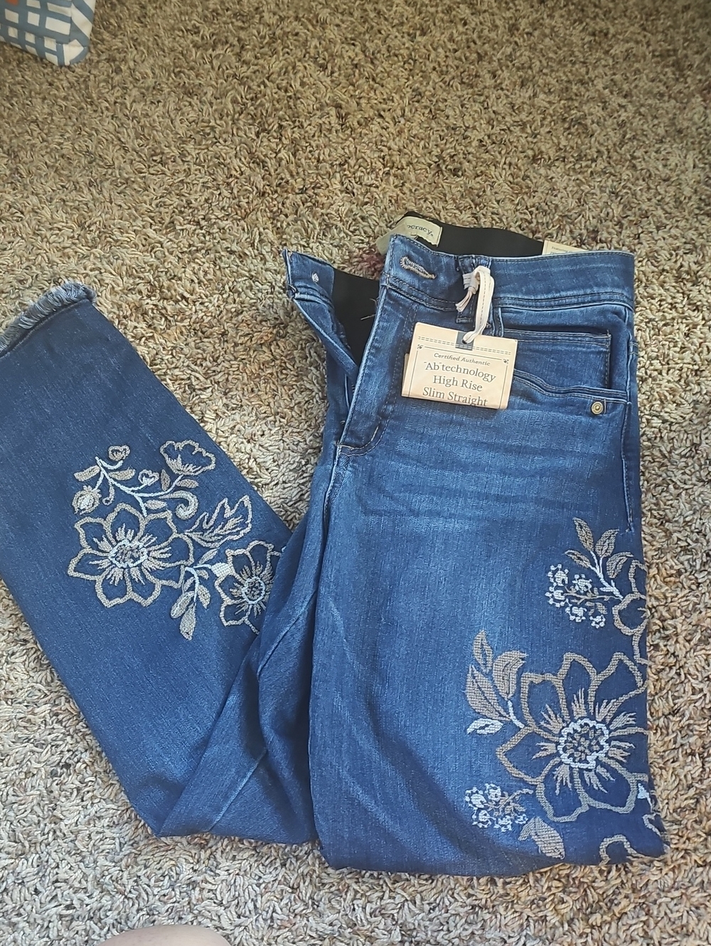 Democracy Blue Straight-Leg Jeans with Cream Floral Embroidery